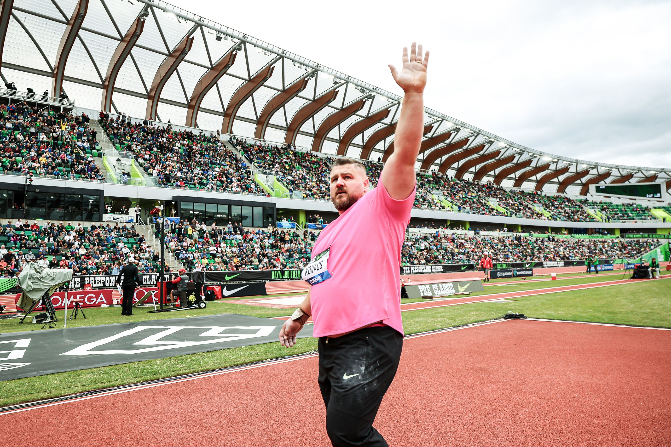 Joe Kovacs celebrates his win at the Diamond League meeting in Eugene